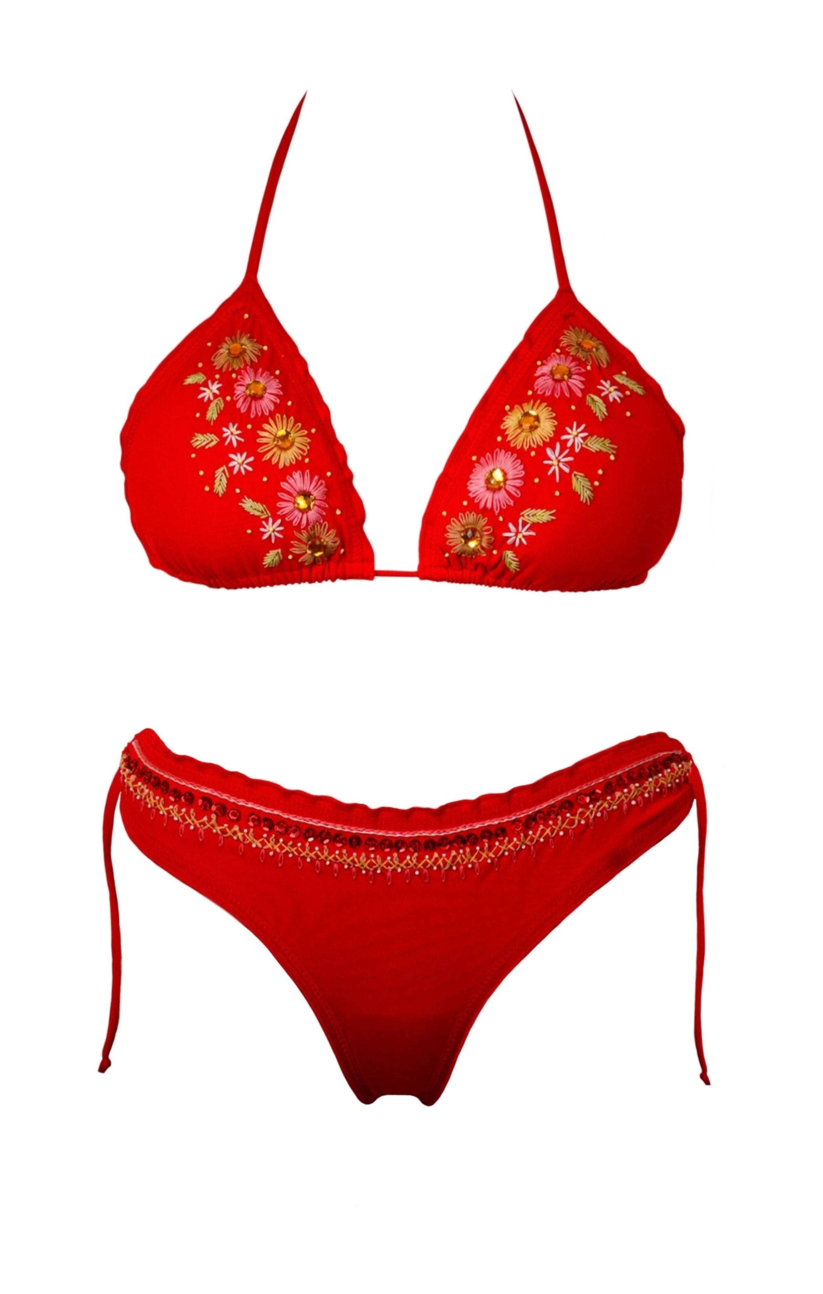 BIKINI BORDADO MANUAL ROJO - FRONTAL